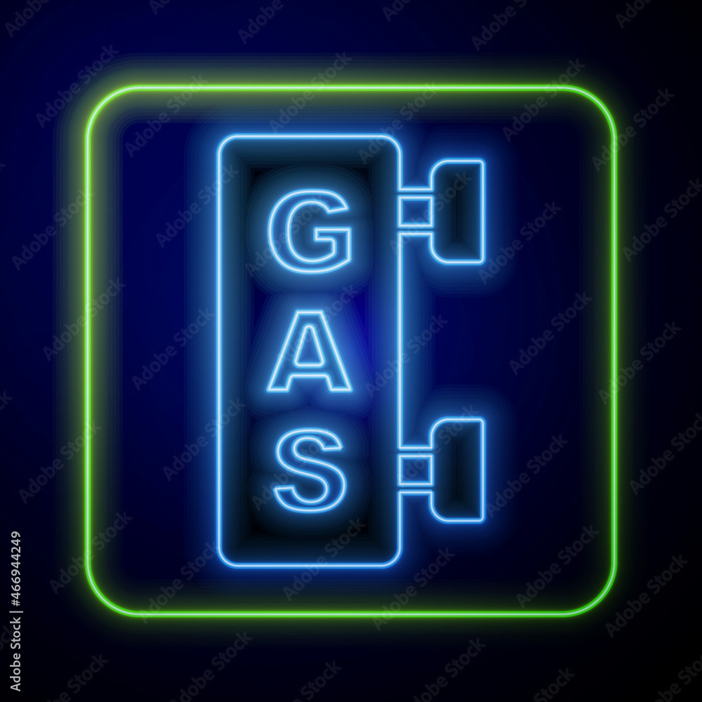 Glowing neon Gas filling station icon isolated on blue background. Transport related service building Gasoline and oil station. Vector Glowing neon Gas filling station icon isolated on blue background. Transport related service building Gasoline and oil station. Vector