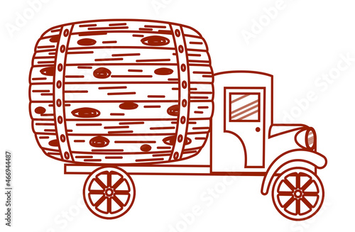 Truck with a barrel, transportation of liquids beer whiskey alcoholic beverages. Car on white with stroke