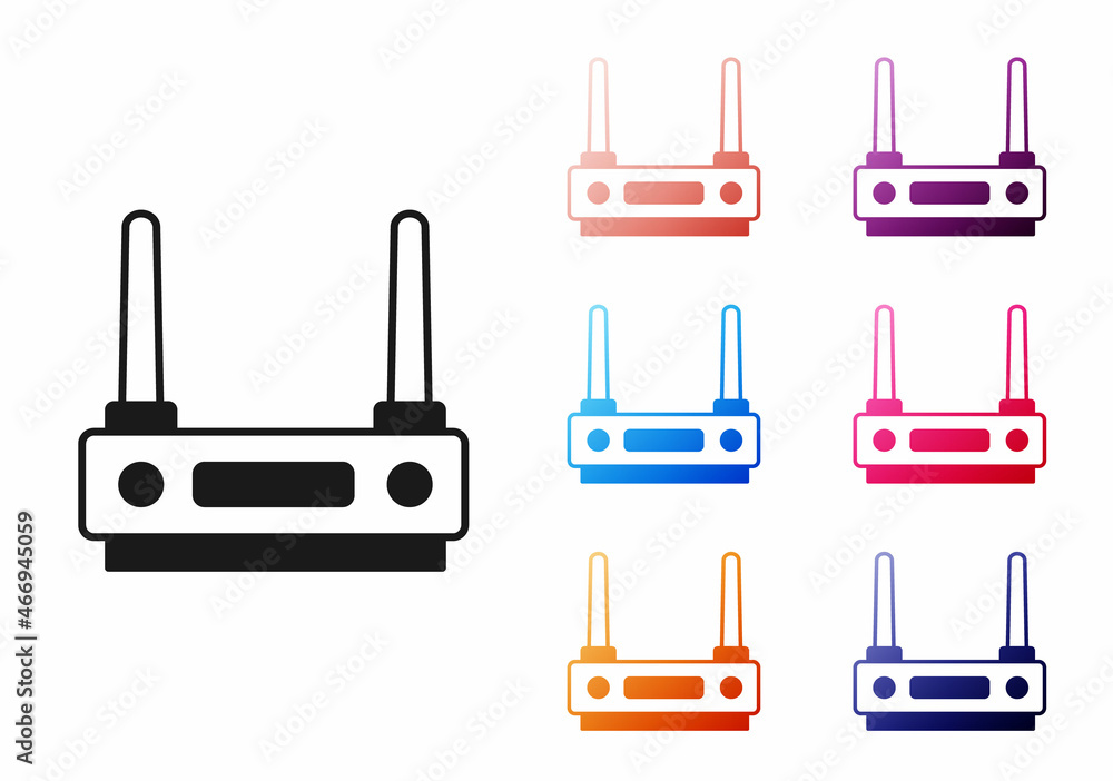 Black Router and wi-fi signal icon isolated on white background. Wireless ethernet modem router. Computer technology internet. Set icons colorful. Vector Black Router and wi-fi signal icon isolated on white background. Wireless ethernet modem router. Computer technology internet. Set icons colorful. Vector