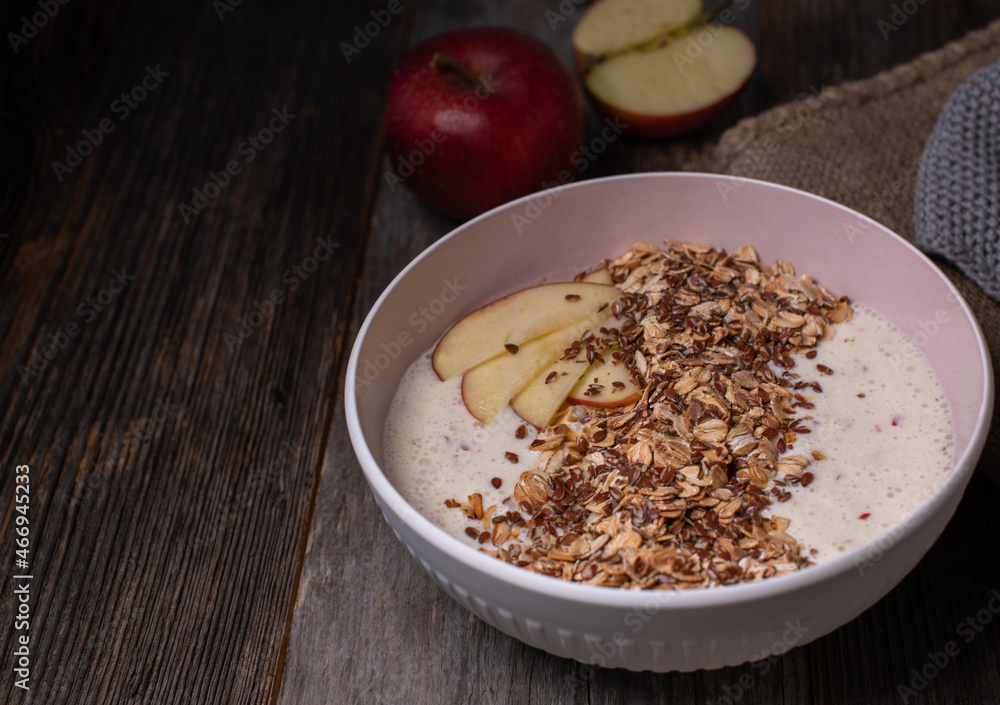 Healthy breakfast bowl with greek yogurt, pureed fresh apples , roasted oatmeal and linseeds Healthy breakfast bowl with greek yogurt, pureed fresh apples , roasted oatmeal and linseeds