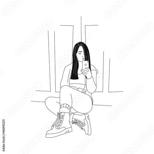 Line drawing of a girl making a selfie photo in the mirror. Hand drawn lineart design for the print.