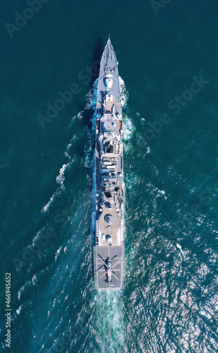Принти на полотні Aerial view of naval ship, battle ship, warship, Military ship resilient and armed with weapon systems, though armament on troop transports