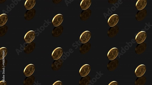 Pattern of gold coins of bitcoin cryptocurrency moving, rotating on a dark specular background in a seamless loop. Isometric view. 3d render digital currency mining concept. Blockchain technology.