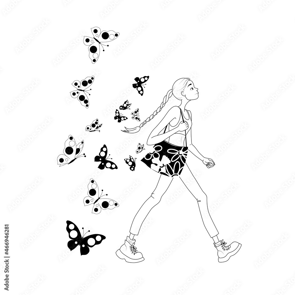 Fototapeta premium A cute girl walks with a shopping bag with flying butterflies. The concept of happiness and love.