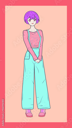 Beautiful anime manga girl. Hand drawn art, anime cartoon style. Hand drawn cartoon illustration.