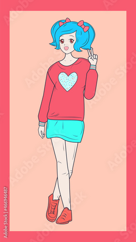 Beautiful anime manga girl. Hand drawn art, anime cartoon style. Hand drawn cartoon illustration.