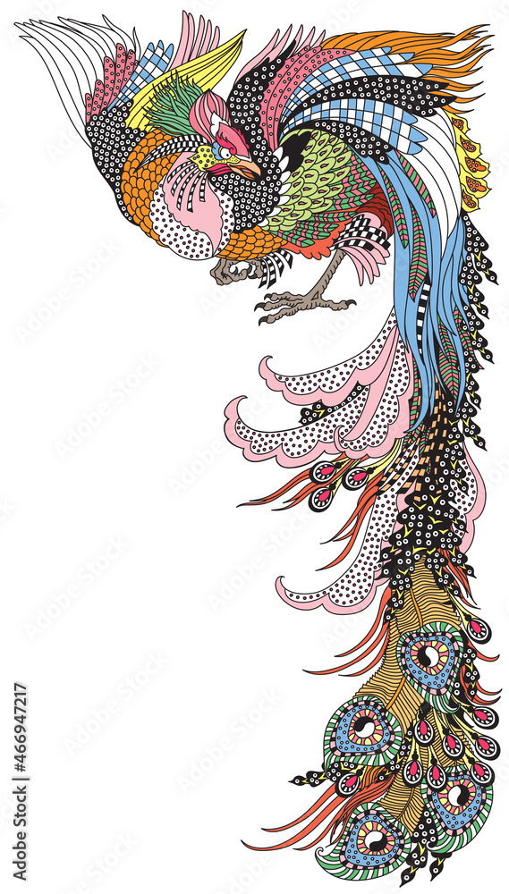 Chinese phoenix or Feng Huang Fenghuang mythological bird. One of celestial feng shui animals. Graphic style vector illustration