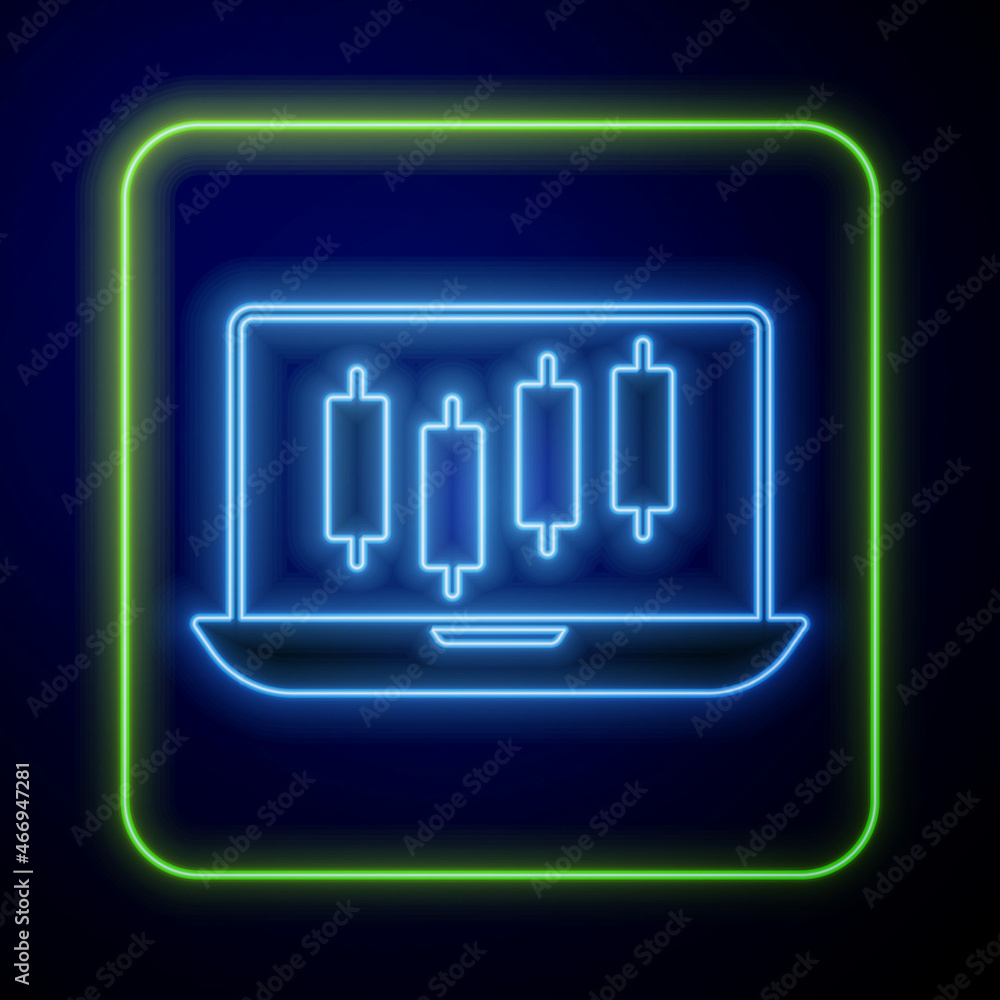 Glowing neon Laptop with stocks market growth graphs and money icon isolated on blue background. Monitor with stock charts arrow on screen. Vector Glowing neon Laptop with stocks market growth graphs and money icon isolated on blue background. Monitor with stock charts arrow on screen. Vector