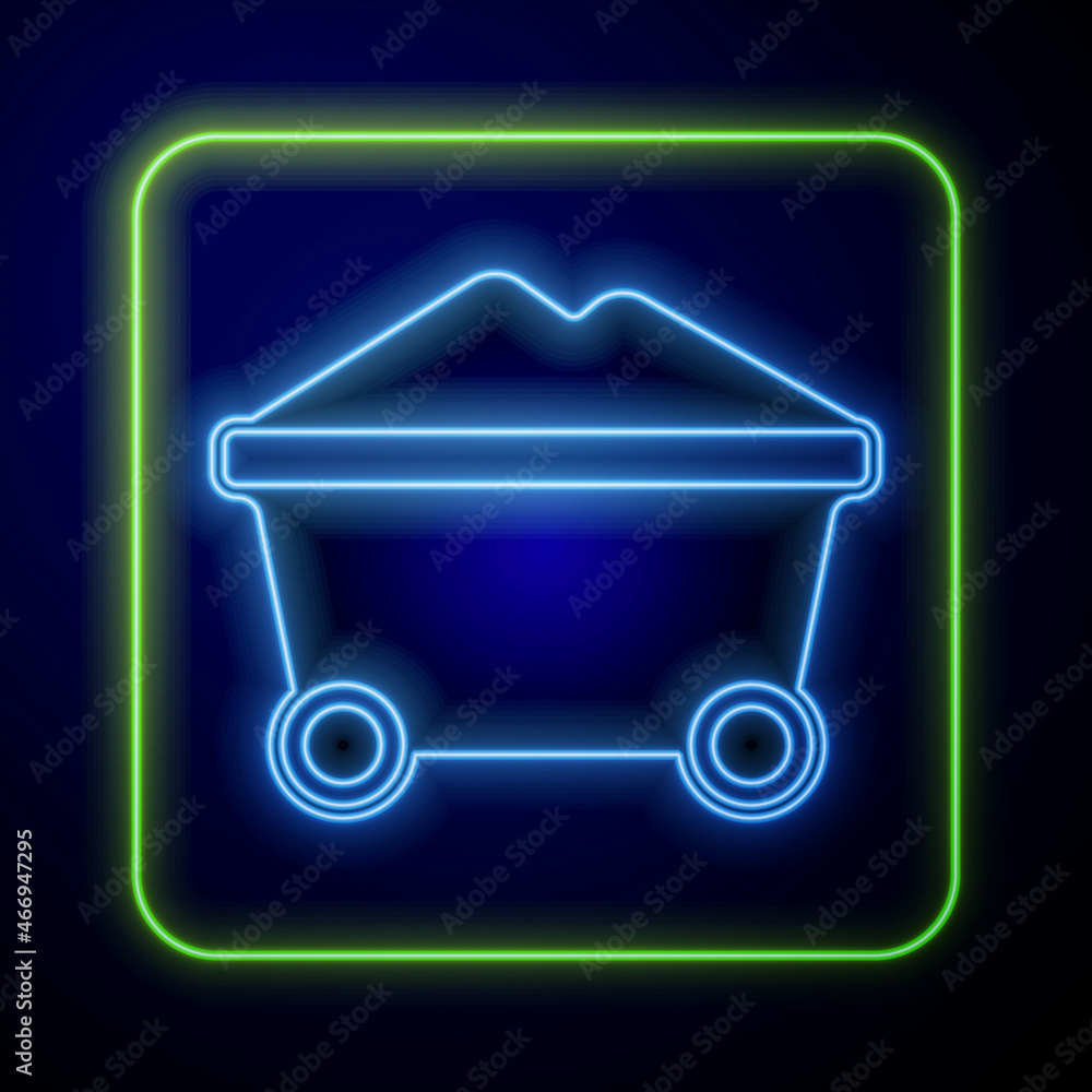 Glowing neon Coal mine trolley icon isolated on blue background. Factory coal mine trolley. Vector Glowing neon Coal mine trolley icon isolated on blue background. Factory coal mine trolley. Vector