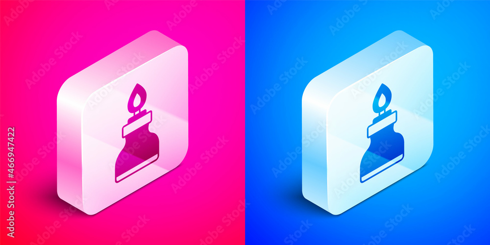 Isometric Alcohol or spirit burner icon isolated on pink and blue background. Chemical equipment. Silver square button. Vector Isometric Alcohol or spirit burner icon isolated on pink and blue background. Chemical equipment. Silver square button. Vector