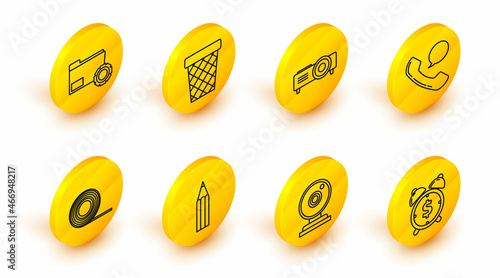 Set line Alarm clock with dollar symbol, Pencil, Scotch, Telephone handset and speech bubble chat, Presentation, movie, film, media projector, Trash can and Folder settings gears icon. Vector