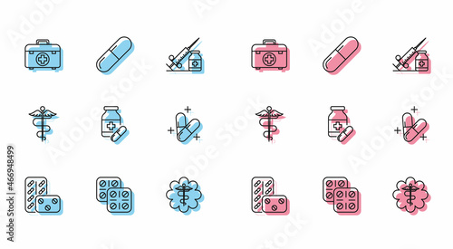 Set line Pills in blister pack  First aid kit  Emergency star medical symbol Caduceus snake with stick  Medicine bottle and pills  or tablet  and icon. Vector