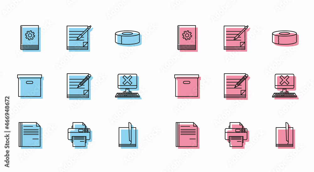 Set line File document, Printer, User manual, Blank notebook and pencil with eraser, Computer keyboard x mark, Carton cardboard box and icon. Vector Set line File document, Printer, User manual, Blank notebook and pencil with eraser, Computer keyboard x mark, Carton cardboard box and icon. Vector