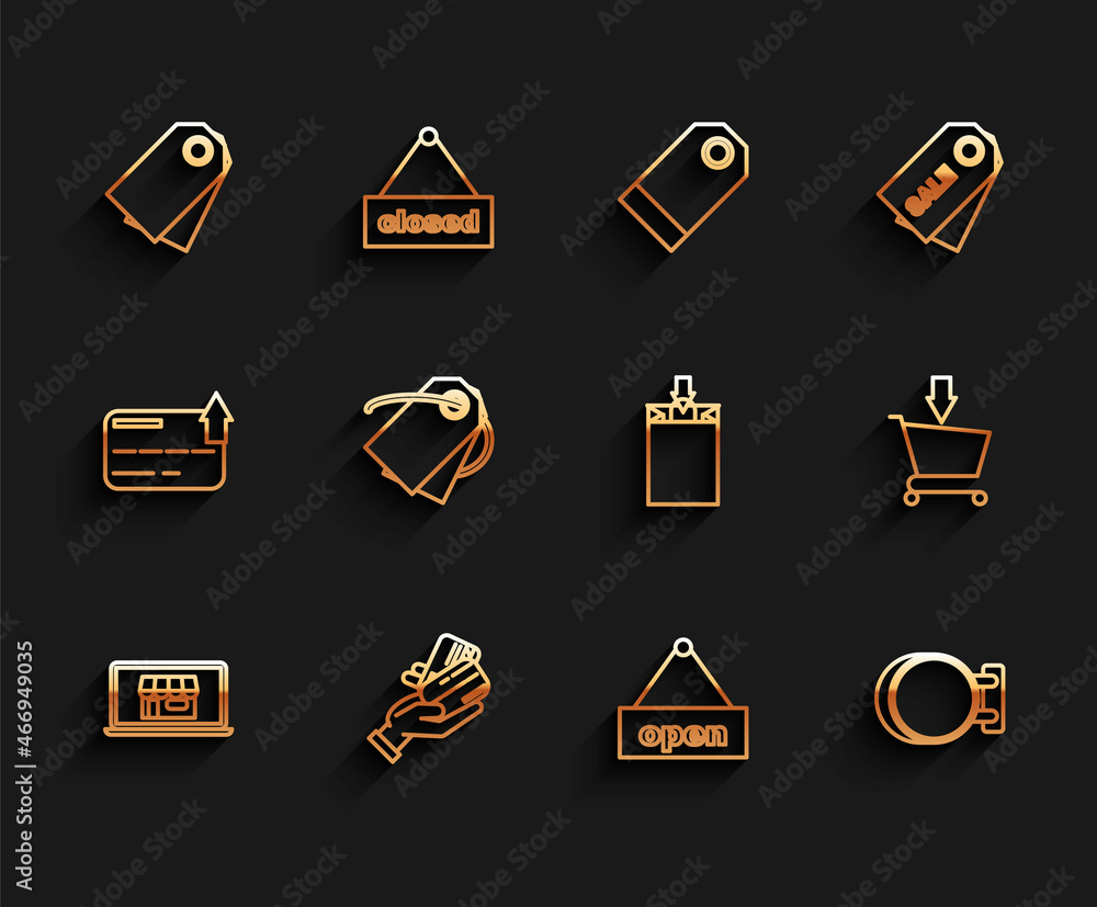 Set line Shopping building on screen laptop, Blank label template price tag, Hanging sign text Open door, Signboard hanging, Add cart and Paper shopping bag icon. Vector Set line Shopping building on screen laptop, Blank label template price tag, Hanging sign text Open door, Signboard hanging, Add cart and Paper shopping bag icon. Vector