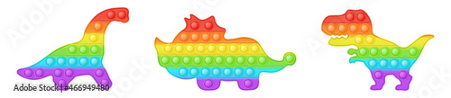 Set of dinosaur forms pop it a trendy rainbow fidget toys. Addictive anti stress toy in bright colors. Bubble sensory fashionable popit for kids. Vector illustration isolated on a white.