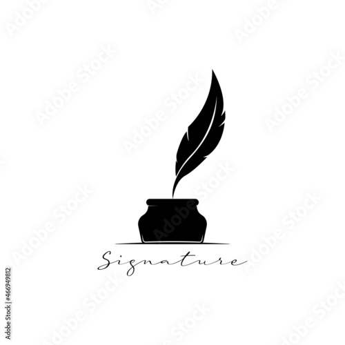 Feather with ink. Inkwell and feather logo on white background