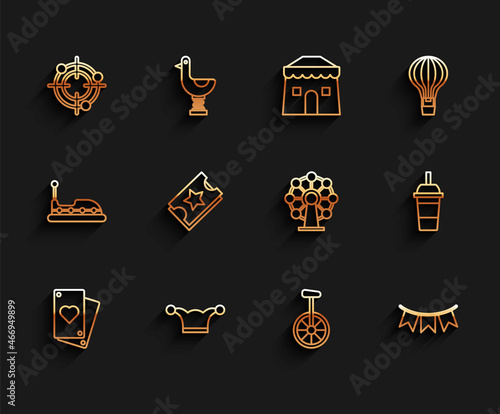 Set line Playing card, Target sport for shooting competition, Unicycle one wheel bicycle, Carnival garland flags, Ticket, Paper glass drinking straw water and Ferris icon. Vector