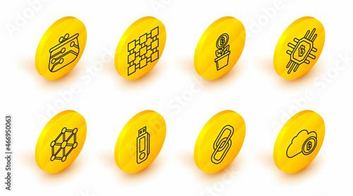 Set line Cryptocurrency cloud mining, Chain link, USB flash drive, Blockchain technology, CPU farm, Bitcoin plant the pot, and wallet icon. Vector