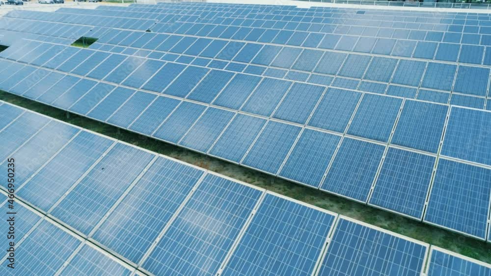 Aerial view of Solar Panels Farm solar cell. Renewable green alternative energy concept. Close-up Aerial view of Solar Panels Farm solar cell. Renewable green alternative energy concept. Close-up