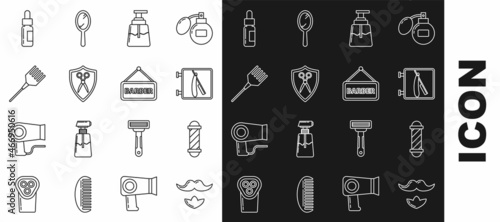 Set line Mustache and beard, Classic Barber shop pole, Barbershop with razor, Aftershave, Scissors hairdresser shield, Hairbrush, Glass bottle pipette and icon. Vector