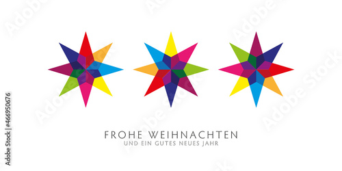 Weihnachtskarte mit bunten Sternen und deutschem Text - Frohe Weihnachten und ein gutes neues Jahr