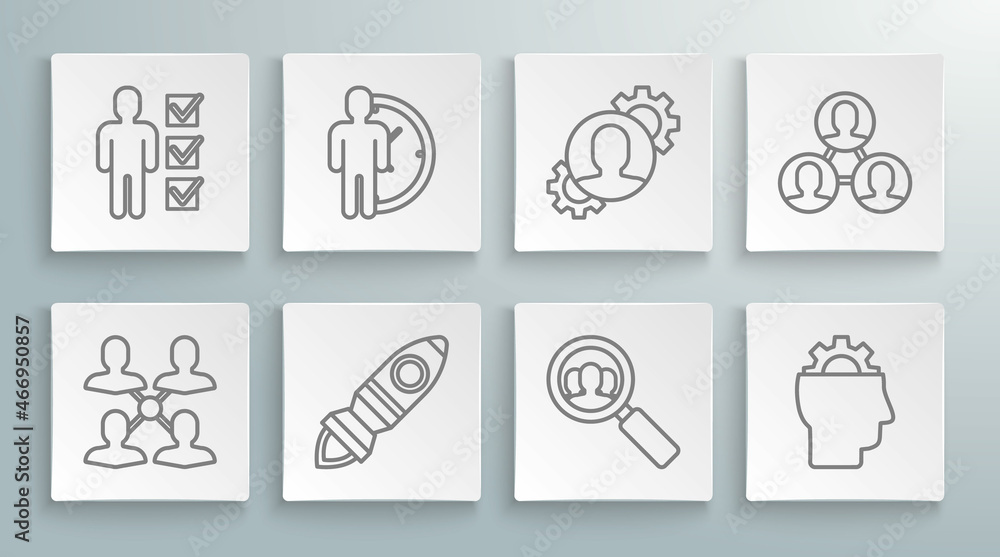 Set line Project team base, Time Management, Rocket ship with fire, Magnifying glass for search people, Human gear inside, and User of business suit icon. Vector