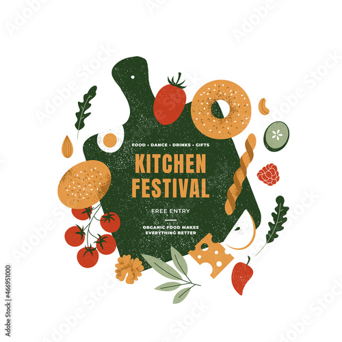 Charcuterie board design template. Assortment of appetizers. Food banner. Antipasti board. Food festival. Vector illustration