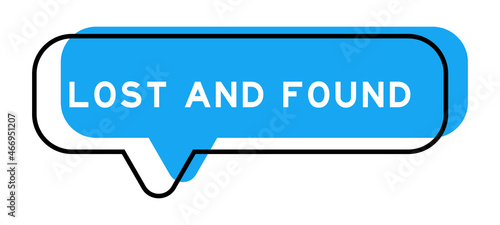 Speech banner and blue shade with word lost and found on white background
