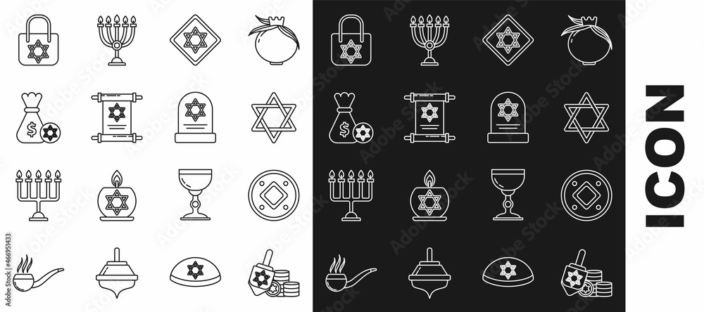 Set line Hanukkah dreidel and coin, Jewish, Star of David, Torah scroll, money bag with star david, Shopping and Tombstone icon. Vector