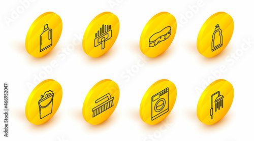 Set line Shower head with water drops flowing, Washer, Brush for cleaning, Bucket foam and bubbles, Plastic bottles liquid dishwashing liquid, Sponge, Vacuum cleaner and icon. Vector