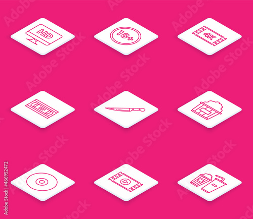 Set line Computer PC monitor with HD video technology, Under 18 years, 4k movie, tape, frame, VHS cassette, Knife, Popcorn in cardboard box, CD DVD disk and Play Video icon. Vector