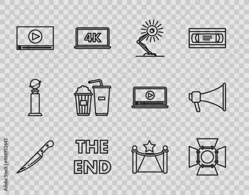 Set line Knife, Movie spotlight, Table lamp, The End handwritten inscription, Online play video, Popcorn soda drink glass, Carpet with barriers star and Megaphone icon. Vector