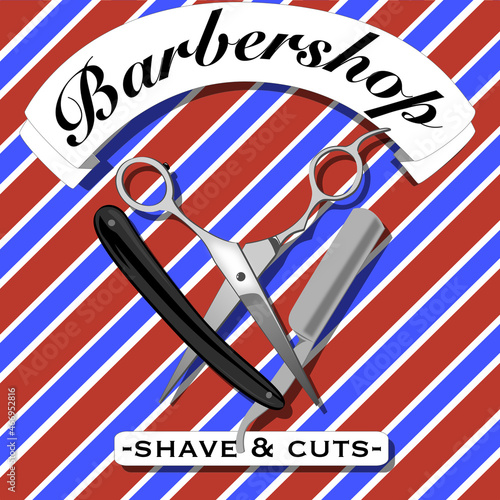 Barbershop logo on a red and blue background with scissors and a straight razor.