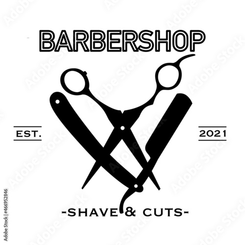 Black and white barbershop logo with scissors and a straight razor.