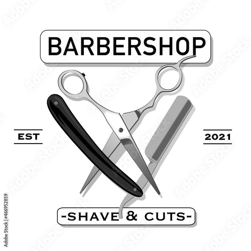 Black and white barbershop logo with scissors and a straight razor.