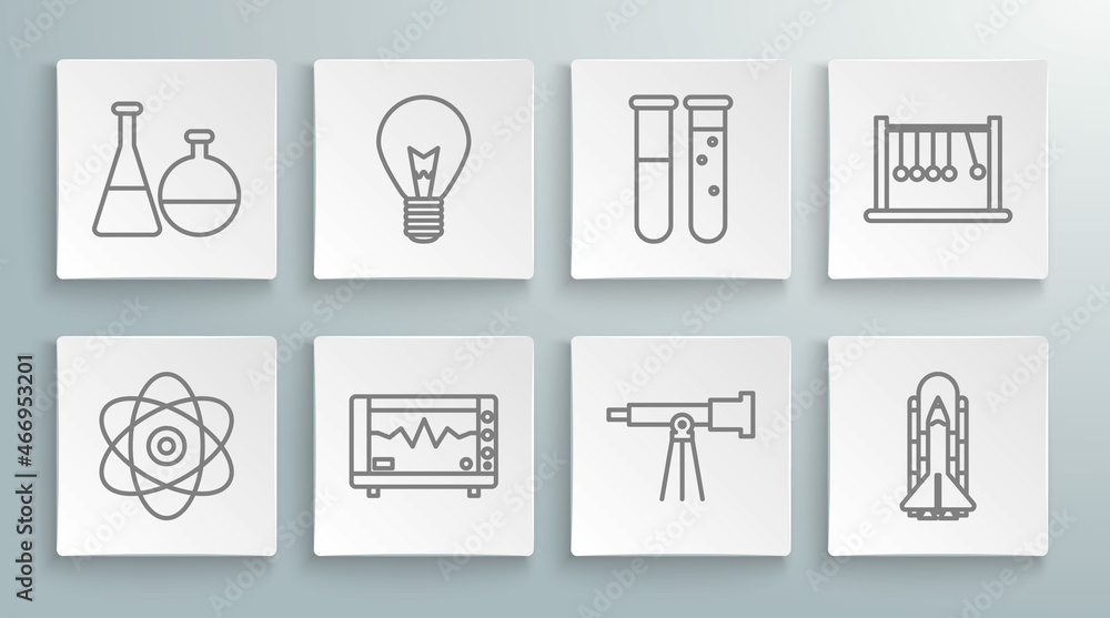 Set line Atom, Light bulb with concept of idea, Computer monitor cardiogram, Telescope, Space shuttle and rockets, Test tube flask chemical laboratory, Pendulum and icon. Vector