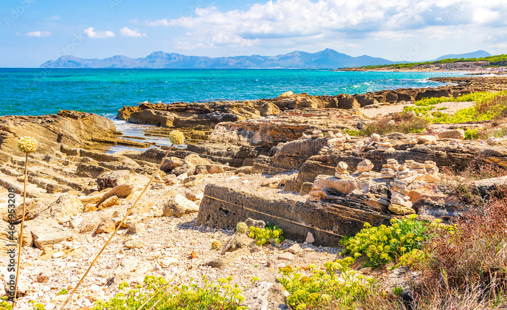 Beautiful coast and beach landscape panorama Can Picafort Mallorca Spain. Beautiful coast and beach landscape panorama Can Picafort Mallorca Spain.