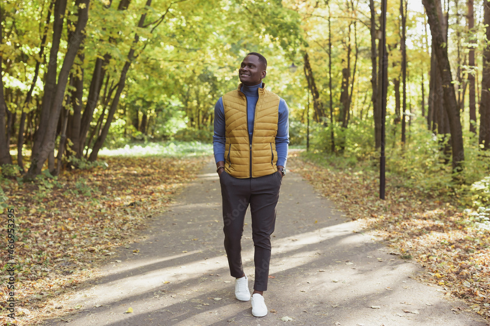 Obraz premium Hipster african american man walking in autumn park