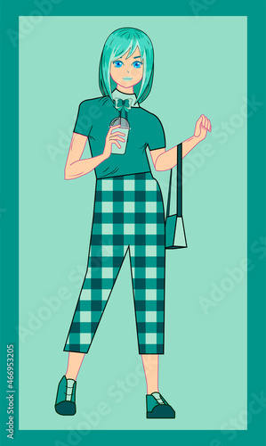 Hand drawn anime girl. Stylish girls in fashion clothes with bag. Comic style cartoon girls character.