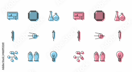 Set line Molecule, Rubber gloves, Electrical measuring instruments, Light bulb with concept of idea, Satellite, Syringe, Meteorology thermometer and Processor icon. Vector