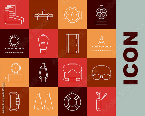 Set line Swiss army knife, Glasses and cap for swimming, Floating buoy on the sea, Wind rose, Lift bag, Sun waves, Boots and Underwater note book pencil icon. Vector