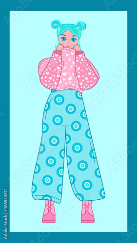 Hand drawn anime girl. Stylish girls in fashion clothes. Comic style cartoon girls character.