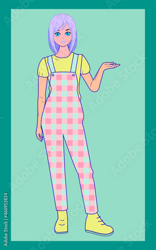 Hand drawn anime girl. Comic style cartoon girl character. Stylish girls in fashion clothes.