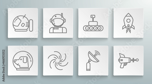 Set line Dog in astronaut helmet, Astronaut, Black hole, Radar, Ray gun, Mars rover, Rocket ship with fire and icon. Vector