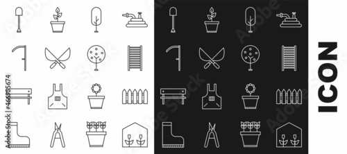 Set line Home greenhouse and plants, Garden fence wooden, Wooden staircase, Tree, Gardening handmade scissors, Scythe, Shovel and icon. Vector