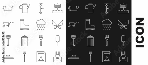 Set line Kitchen apron, Gardening handmade scissors, Grass weed electric string trimmer, Waterproof rubber boot, Wheelbarrow, Watering can and Cloud with rain icon. Vector