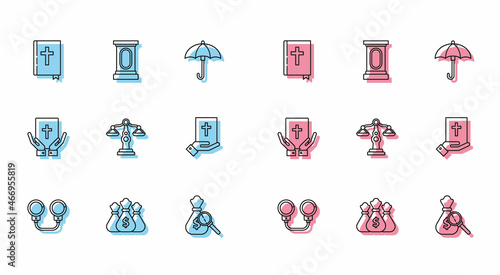 Set line Handcuffs, Money bag, Holy bible book, magnifying glass, Scales of justice, Oath the Bible, and Stage stand or debate podium rostrum icon. Vector