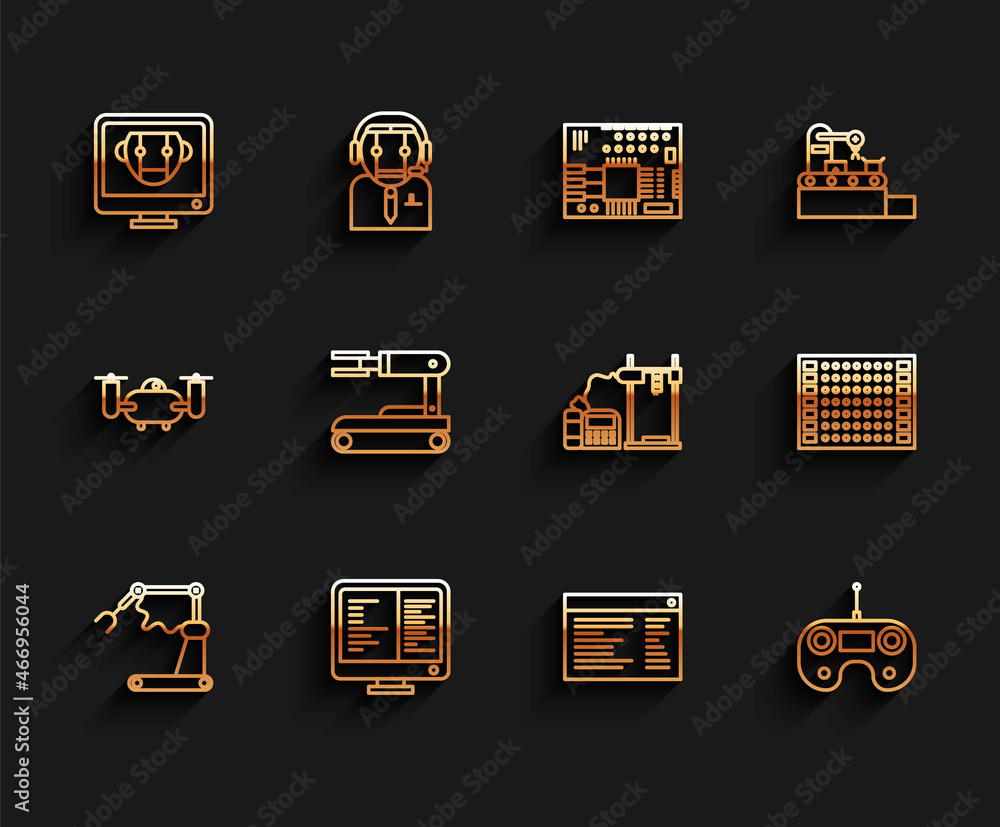 Set line Industrial machine robotic robot arm hand factory, Bot, Software, web developer programming code, Remote control, Robot, Printed circuit board PCB and 3D printer icon. Vector Set line Industrial machine robotic robot arm hand factory, Bot, Software, web developer programming code, Remote control, Robot, Printed circuit board PCB and 3D printer icon. Vector