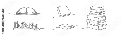Book bundle one line. School textbooks sketch. Outline black and white simple vector illustration set. Books on the shelf