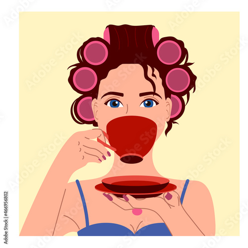 Brunette girl with curlers on her head drinks coffee. Holds a saucer in his hand. Pink nails. Morning. Red color. Girl in lingerie. Yellow background. Vector illustration